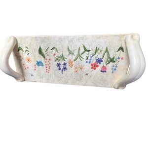 Nantucket Handmade Ceramic Serving Tray W/Handles Floral Motive 15"x6.5"x3" Used